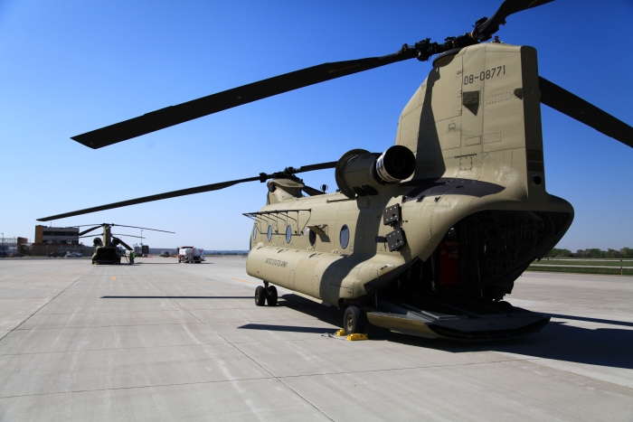 11 April 2012: CH-47F Chinook helicopter 08-08771 on the ramp awaiting fuel at Sioux City, Iowa.